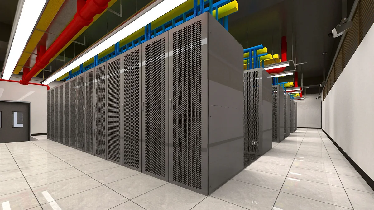 Data center aisle with exposed power and cooling lines overhead