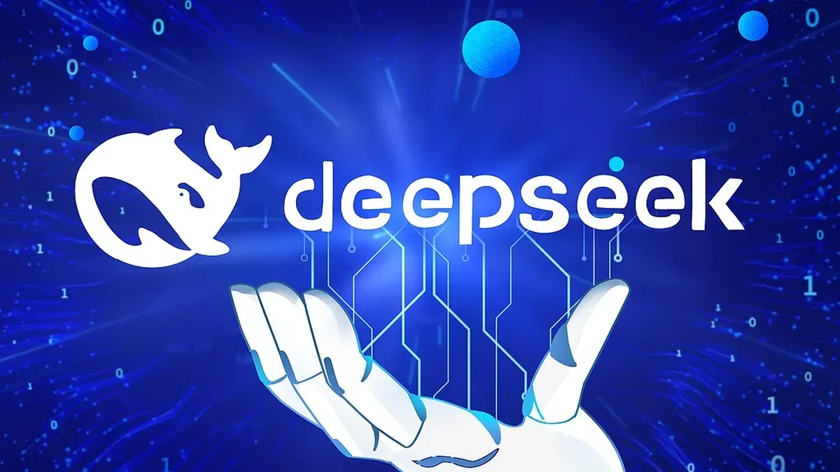 DeepSeek whale logo above a robotic hand holding glowing circuit lines