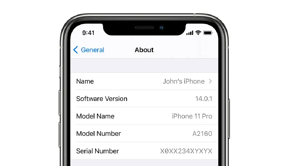 A phone settings screen showing model number and serial information