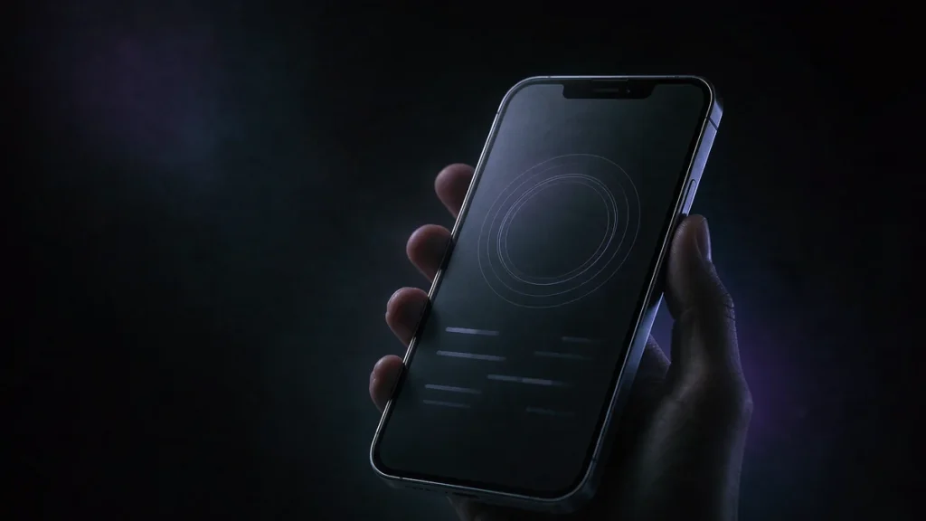 Hand holding a phone with a glowing dashboard on screen