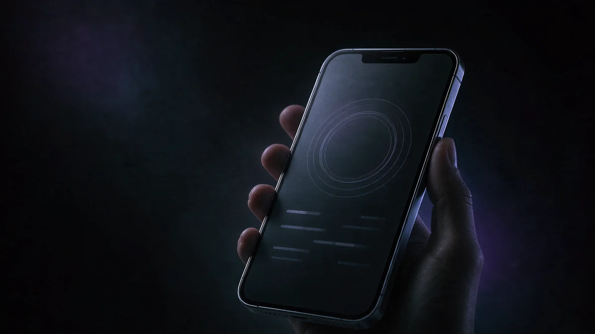 Hand holding a phone with a glowing dashboard on screen