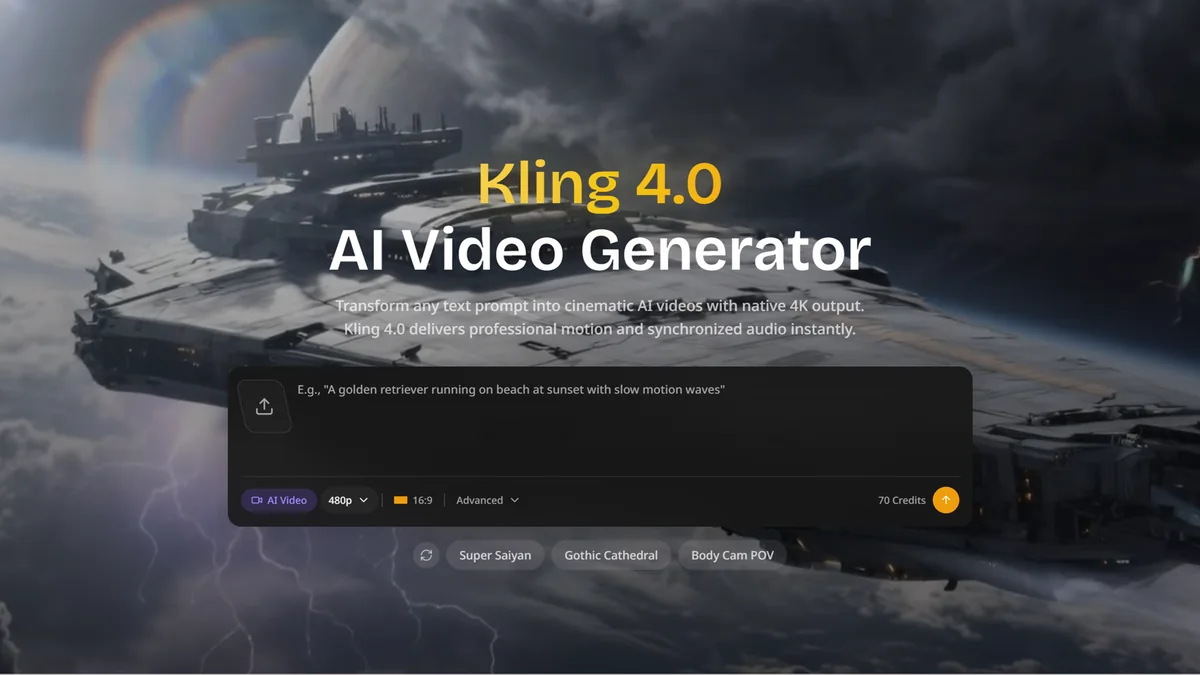 Kling 4.0 generator page with prompt box and 480p setting