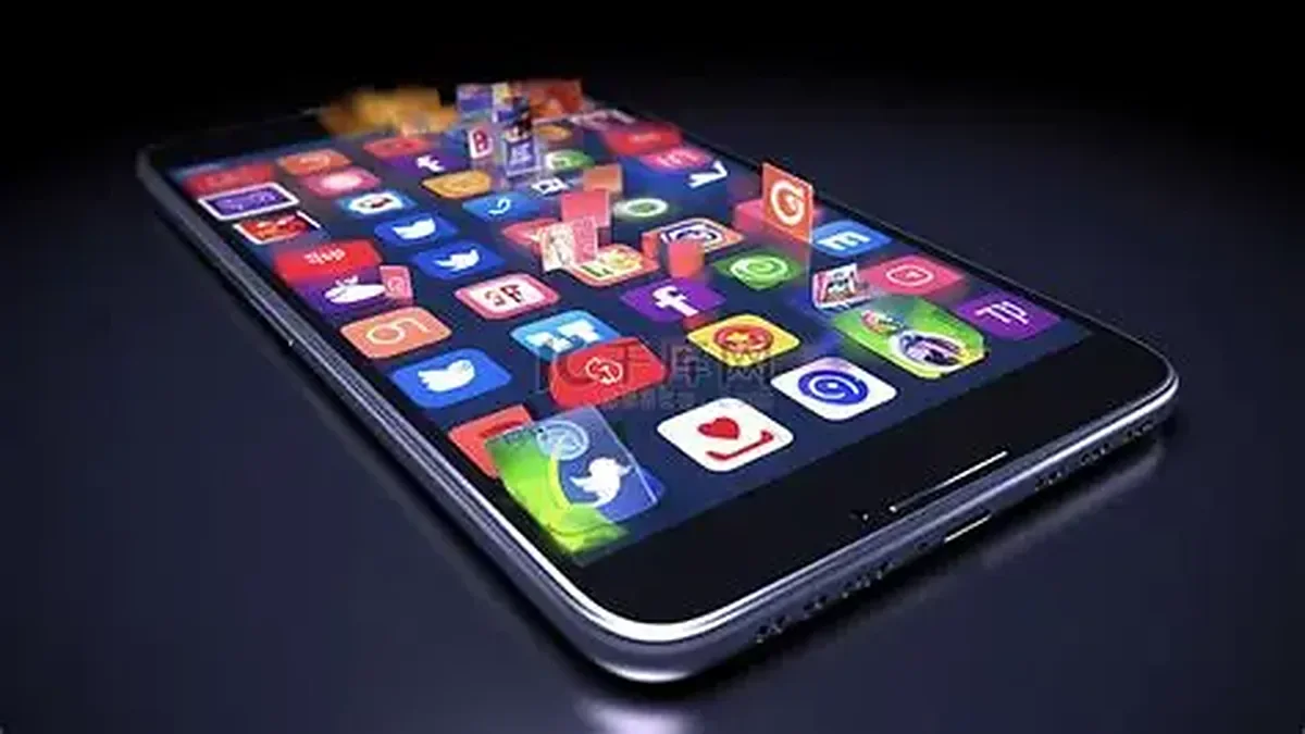 Colorful app icons floating above a smartphone on a dark background