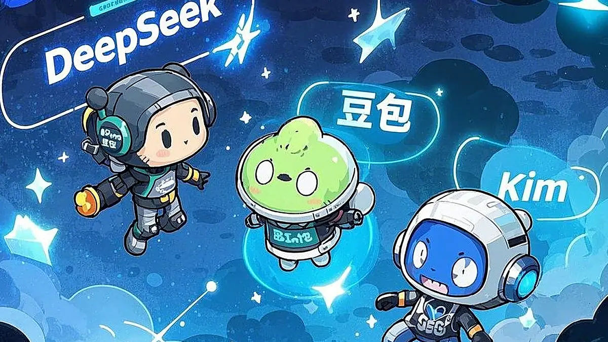 Three astronaut mascots for Chinese AI assistants floating in space