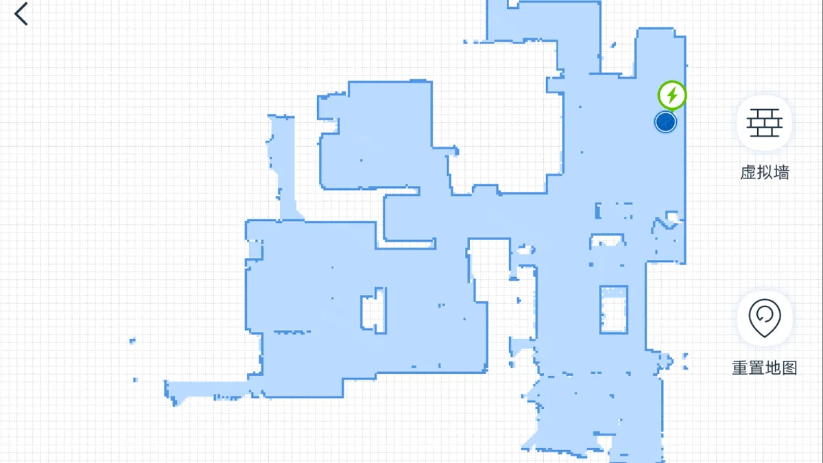 A robot vacuum app map with virtual wall settings shown in Chinese