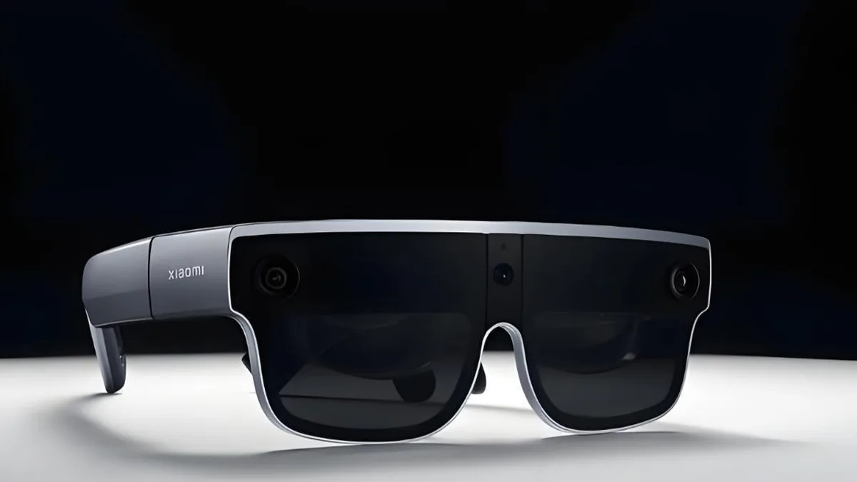 A pair of smart AI glasses resting on a table