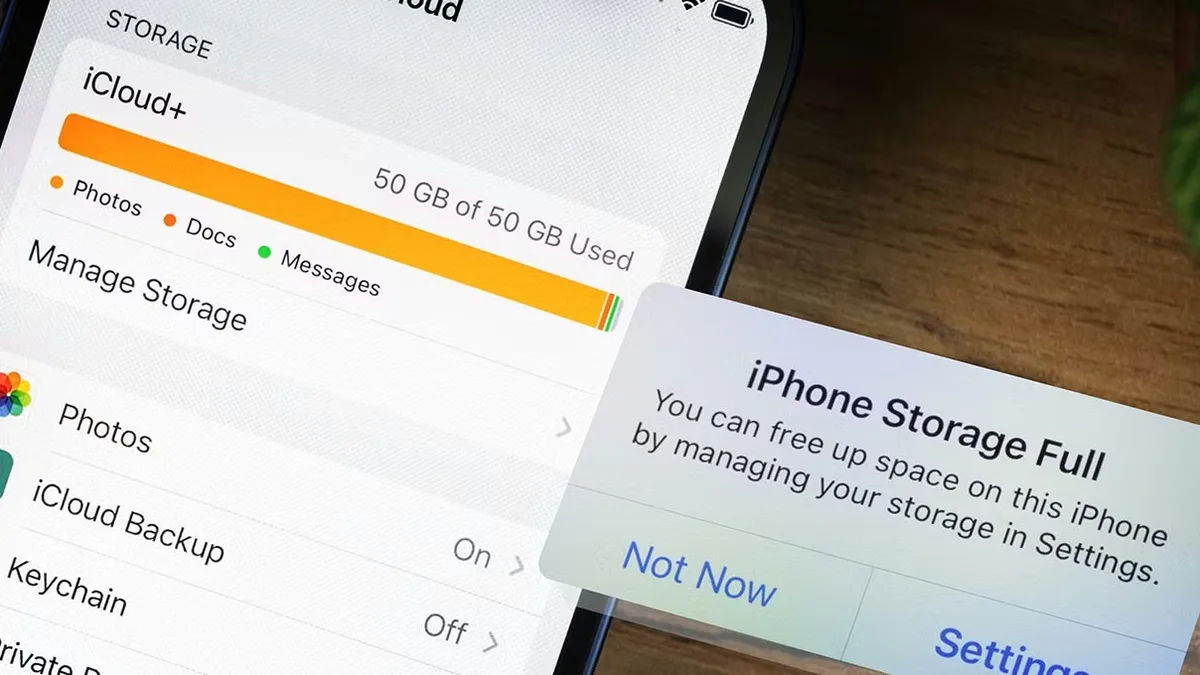 An iPhone storage screen warning that iCloud space is full