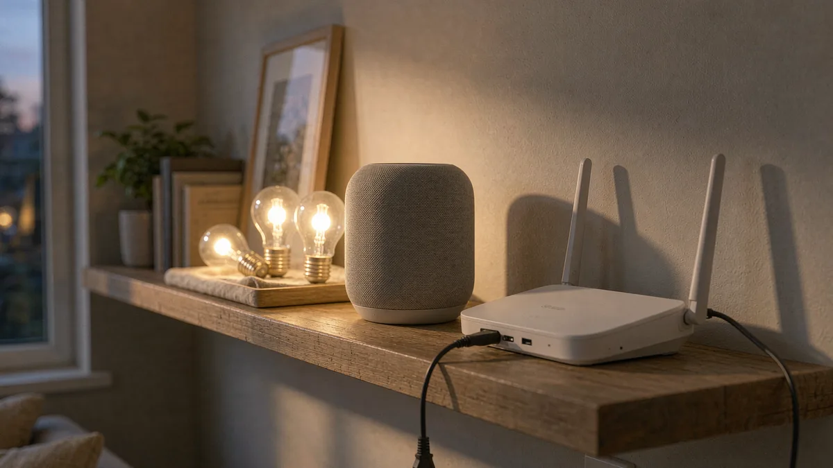 A smart speaker and smart bulbs with the router unplugged
