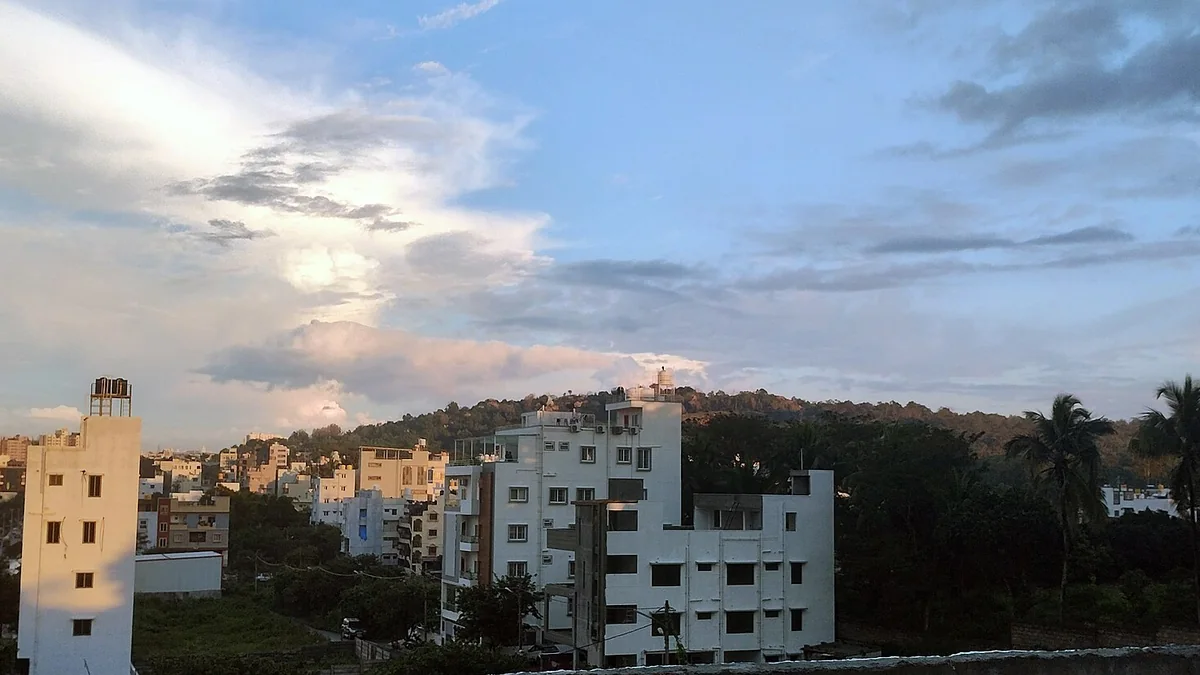 A city skyline at dusk