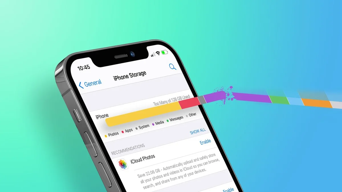iPhone storage screen with a color-coded usage bar