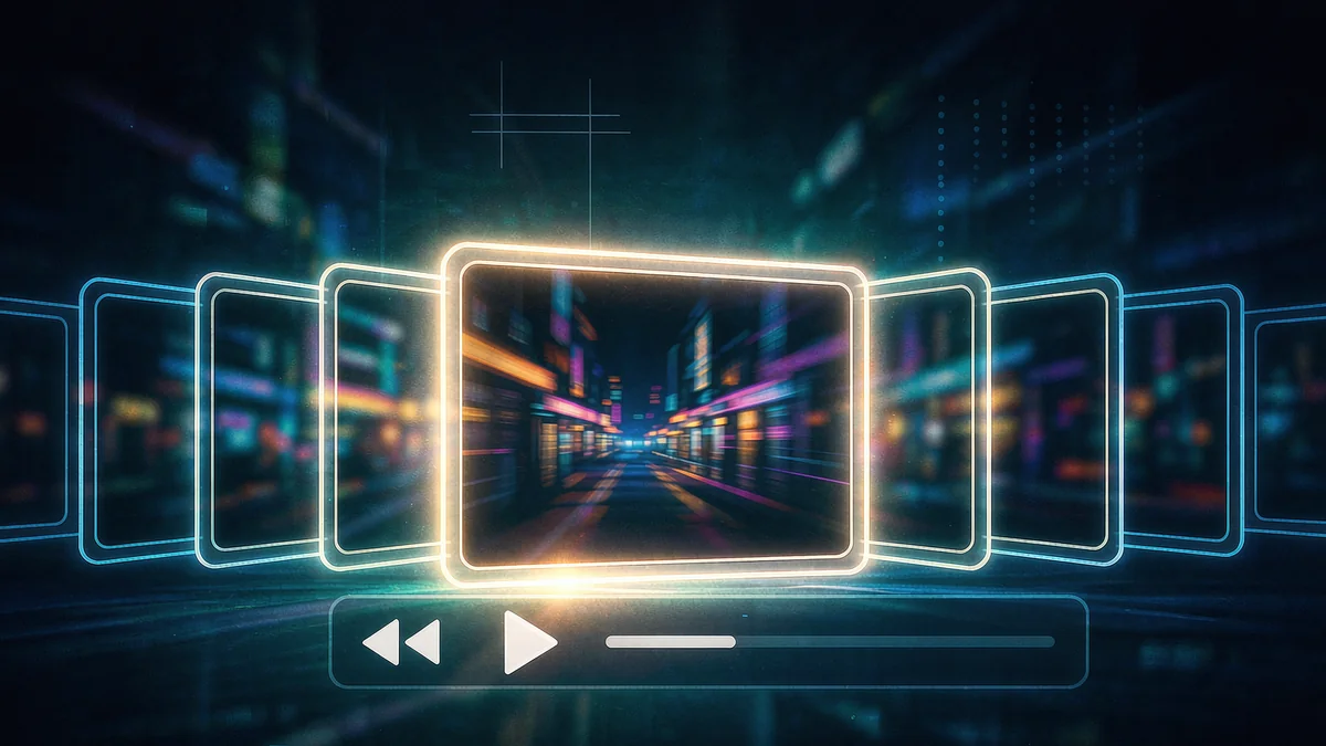 Film timeline of glowing video frames with one highlighted frame showing a neon night street, above a playback control bar