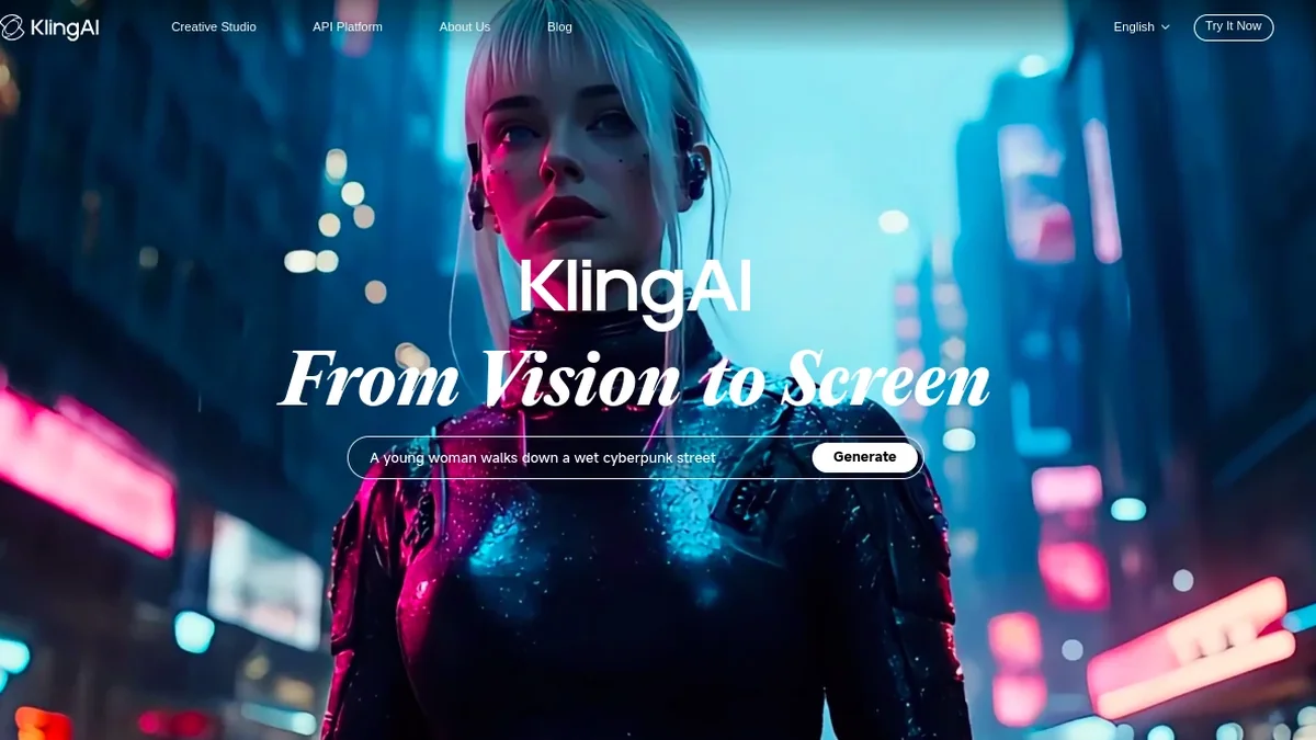 Kling AI homepage with the From Vision to Screen headline above a text prompt box and a neon cyberpunk street scene