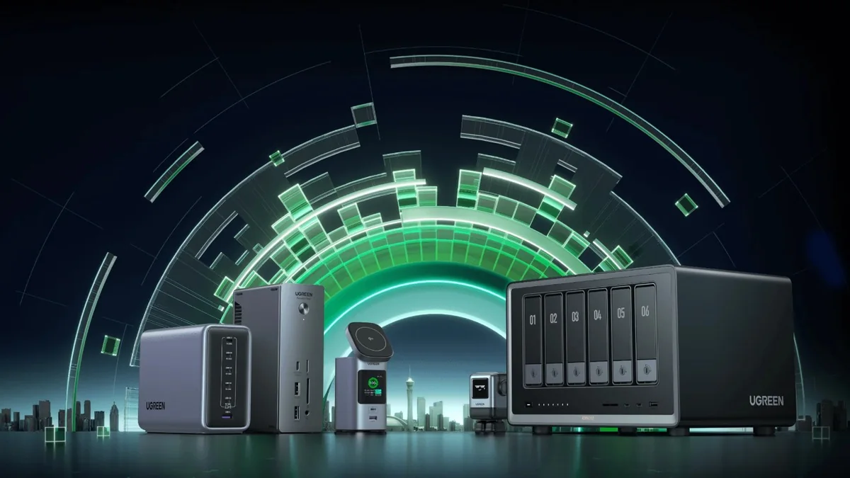 A row of NAS storage devices against a glowing green arc