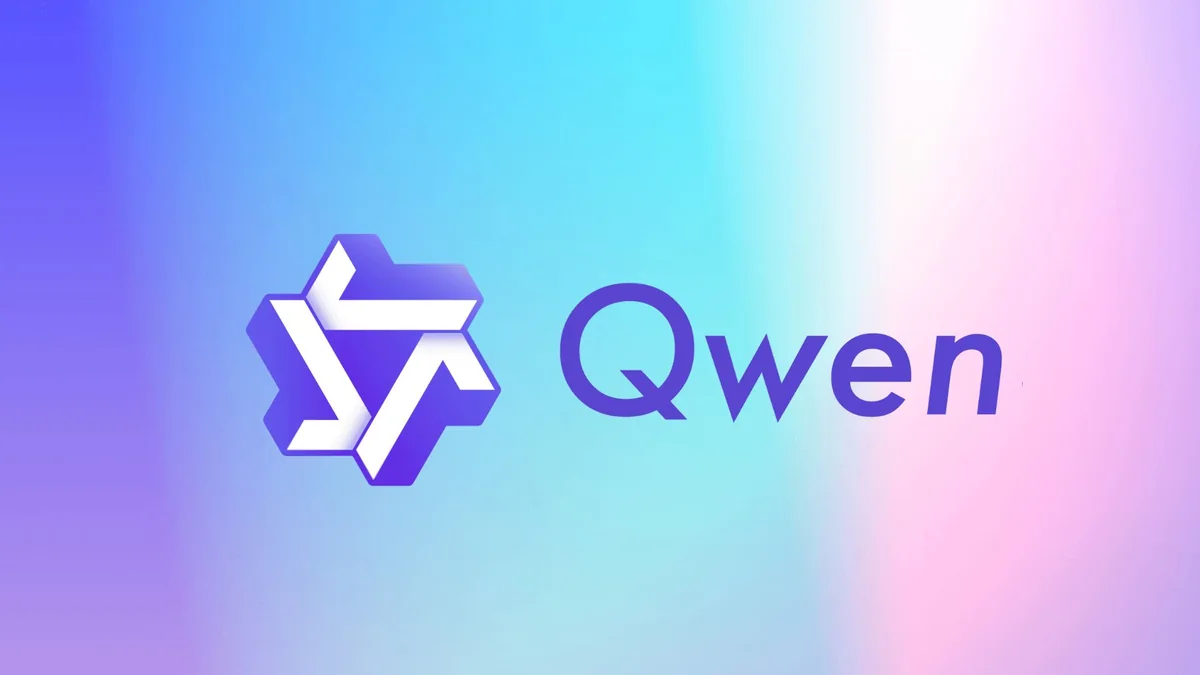 Qwen web chat interface in a browser beside a phone showing an app store search with no official Qwen app