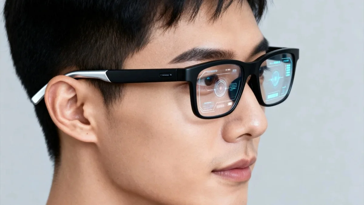 Man wearing black smart glasses with a heads-up display