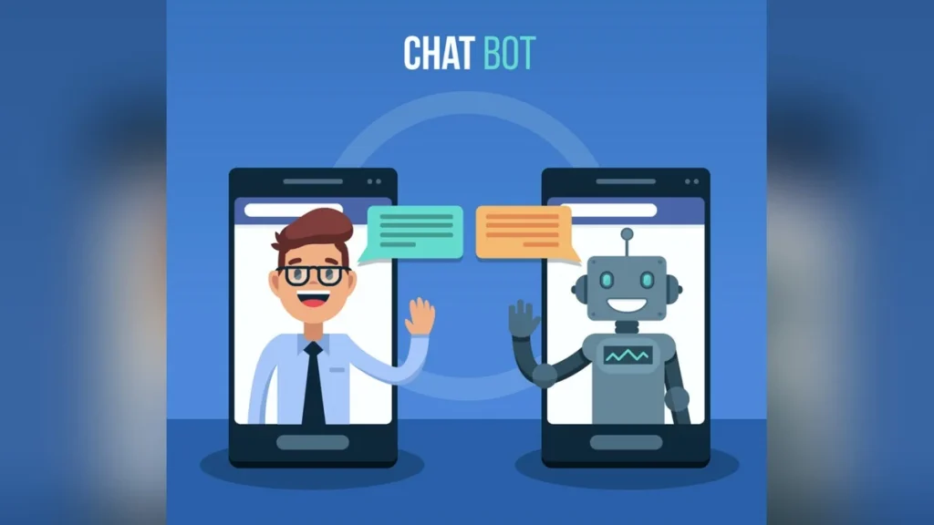 Flat illustration of a man and a chatbot waving from phone screens