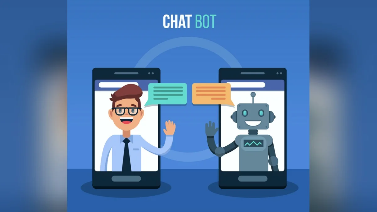 Flat illustration of a man and a chatbot waving from phone screens